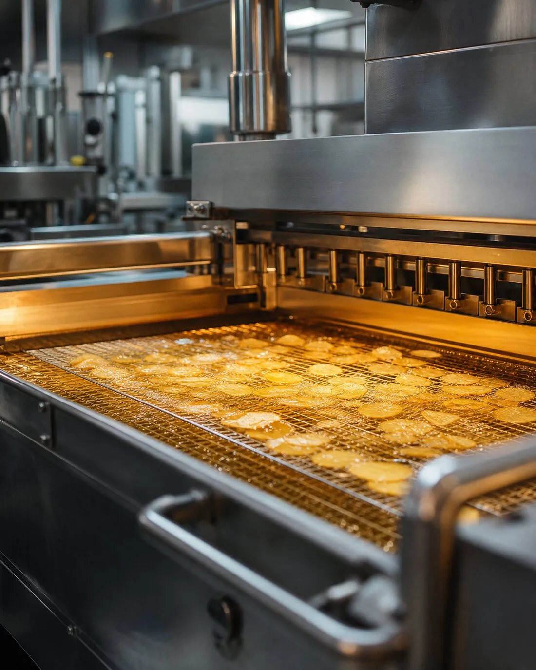 Potato chips and snacks on a continuous frying line