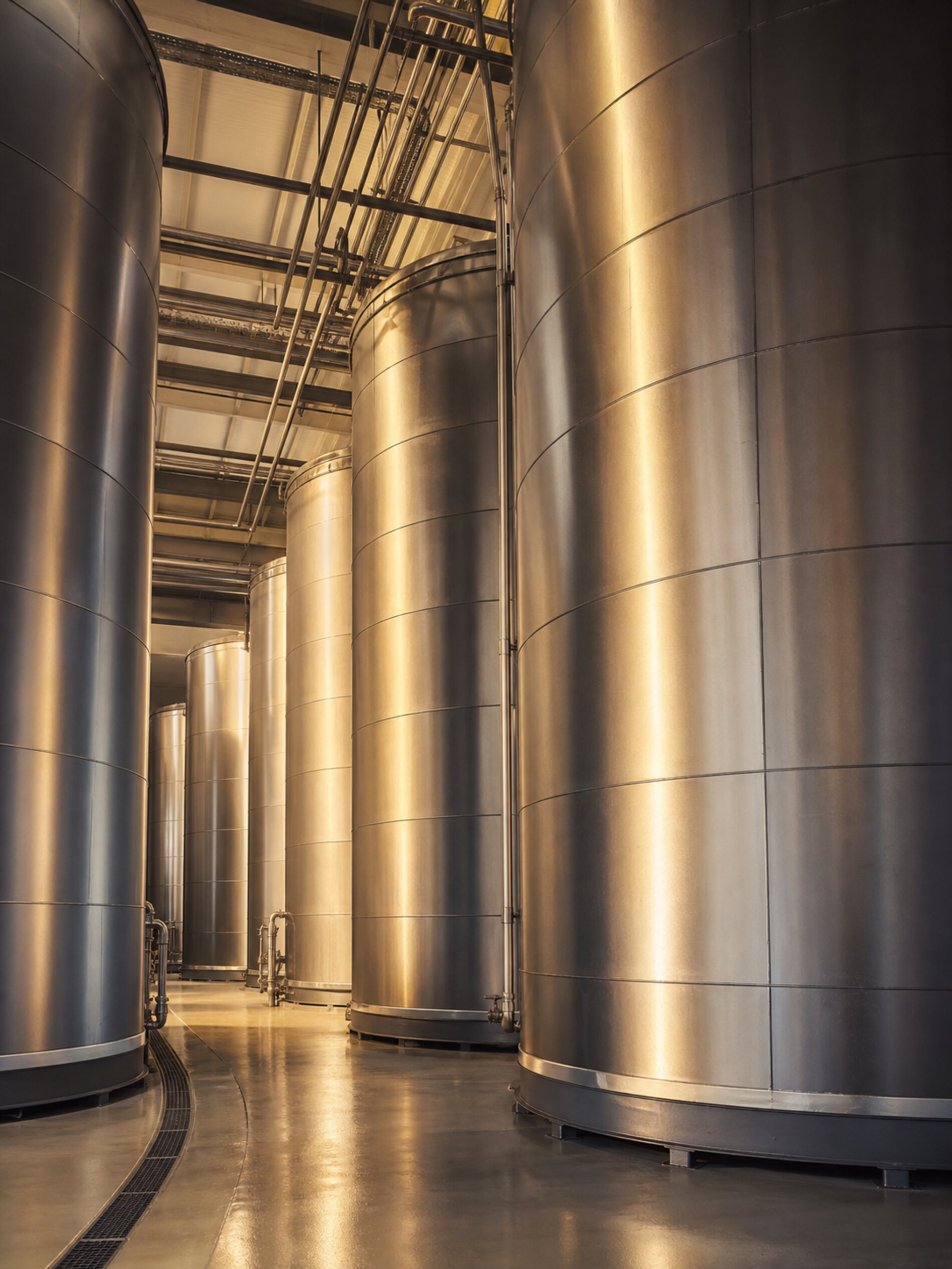 Stainless bulk edible-oil storage tanks at a food-grade terminal