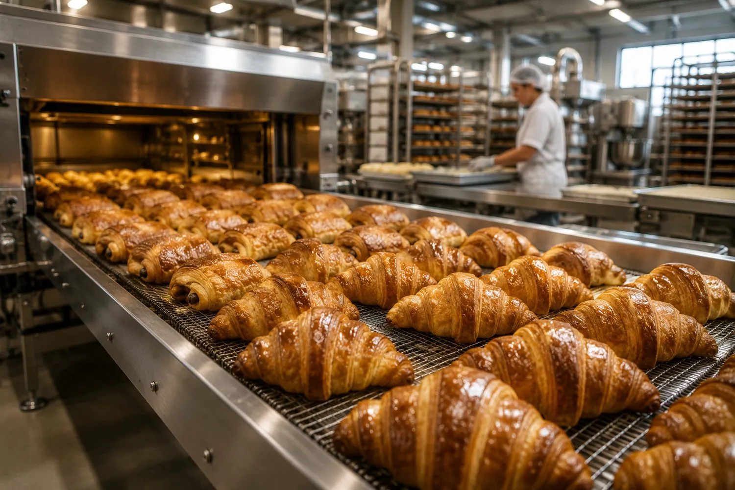 Industrial bakery line with glazed croissants on a conveyor