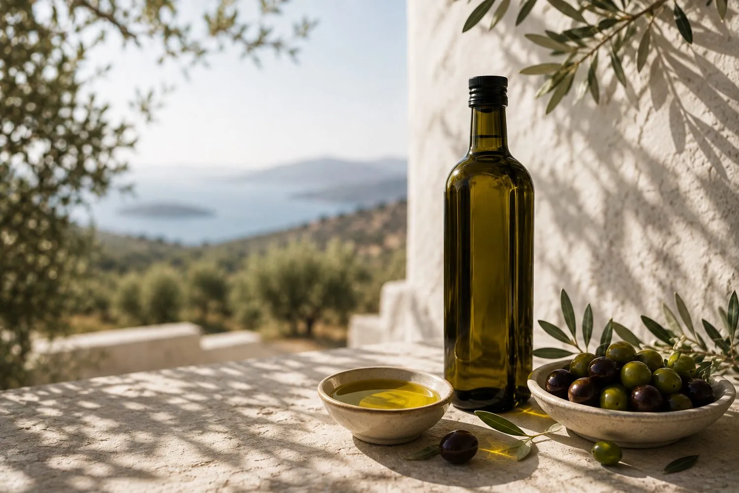 Olive grove and coastline in southern Greece