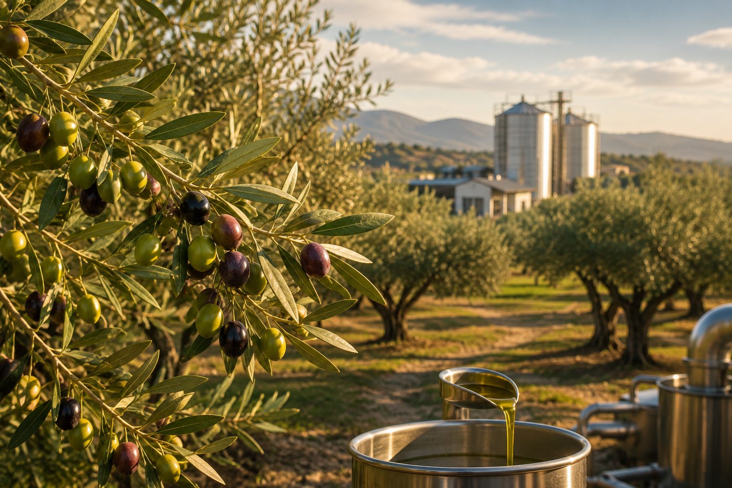 Koroneiki olives ripening beside stainless olive-oil tanks at a Greek mill