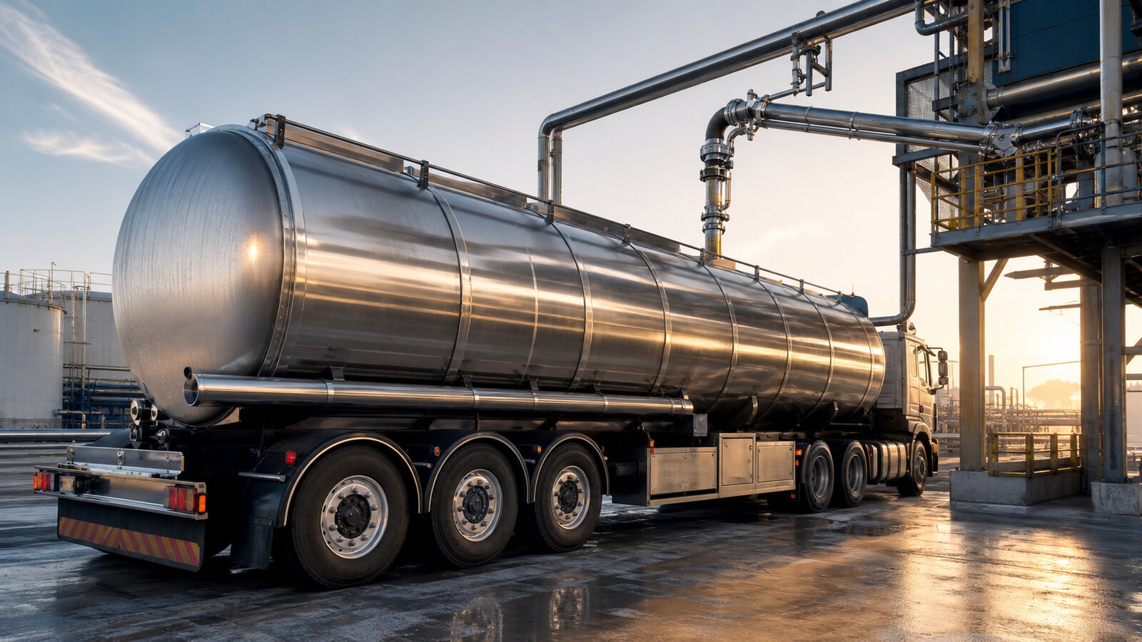 Stainless food-grade road tanker loading at a bulk terminal