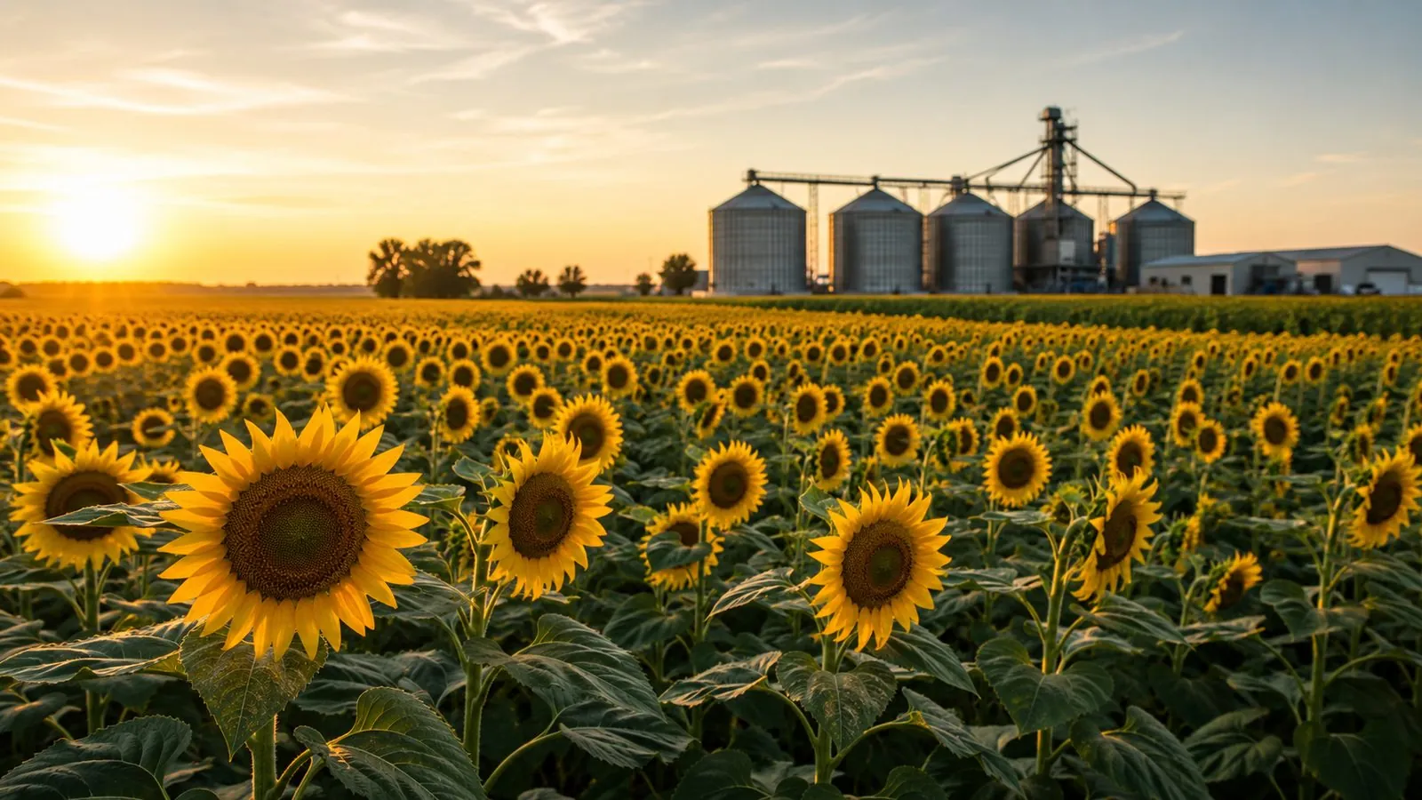 Sunflower field beside grain storage silos at a sunflower-oil processing facility